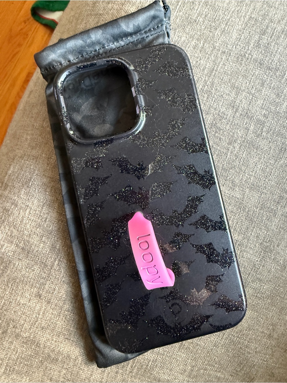 Black glittery Bat Pattern and Pink Loop Loopy Case for iPhone 16 pro max